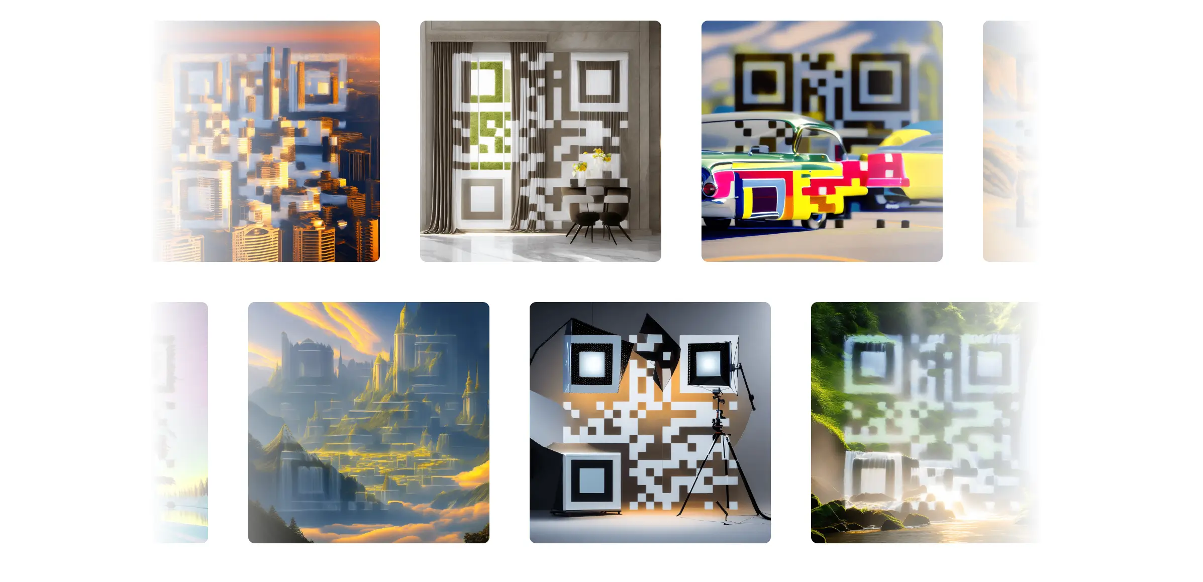 AI-generated QR codes blended with cityscapes, interiors, retro scenes, studio lights, and nature backgrounds.